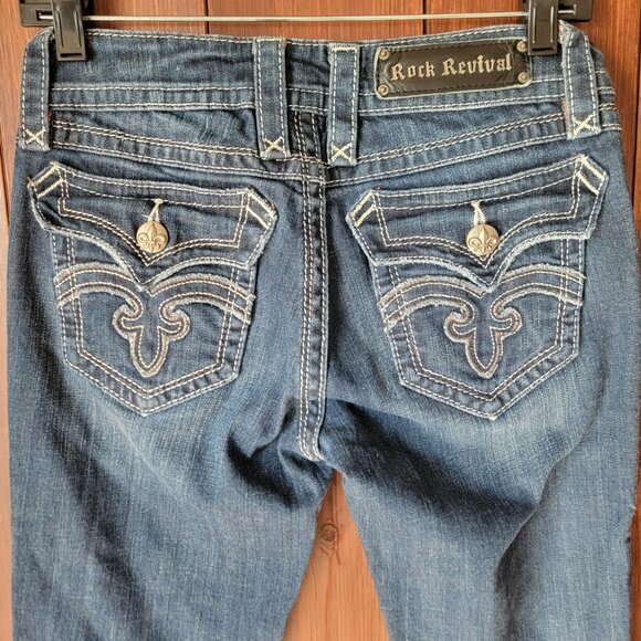 Rock Revival Women Deborah Boot Cut Jean 27 Med/Dark Wash Silver Metallic Stitch - Picture 11 of 15